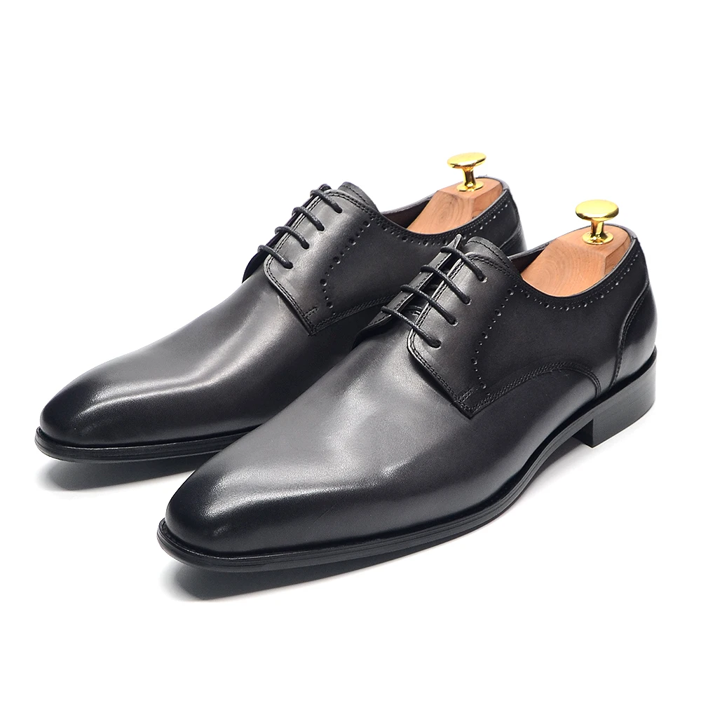 Classic Handmade Men\'s Derby Dress Shoes Gray Genuine Cow Leather Lace-up Pointy Plain Toe Business Wedding Formal Shoes for Men