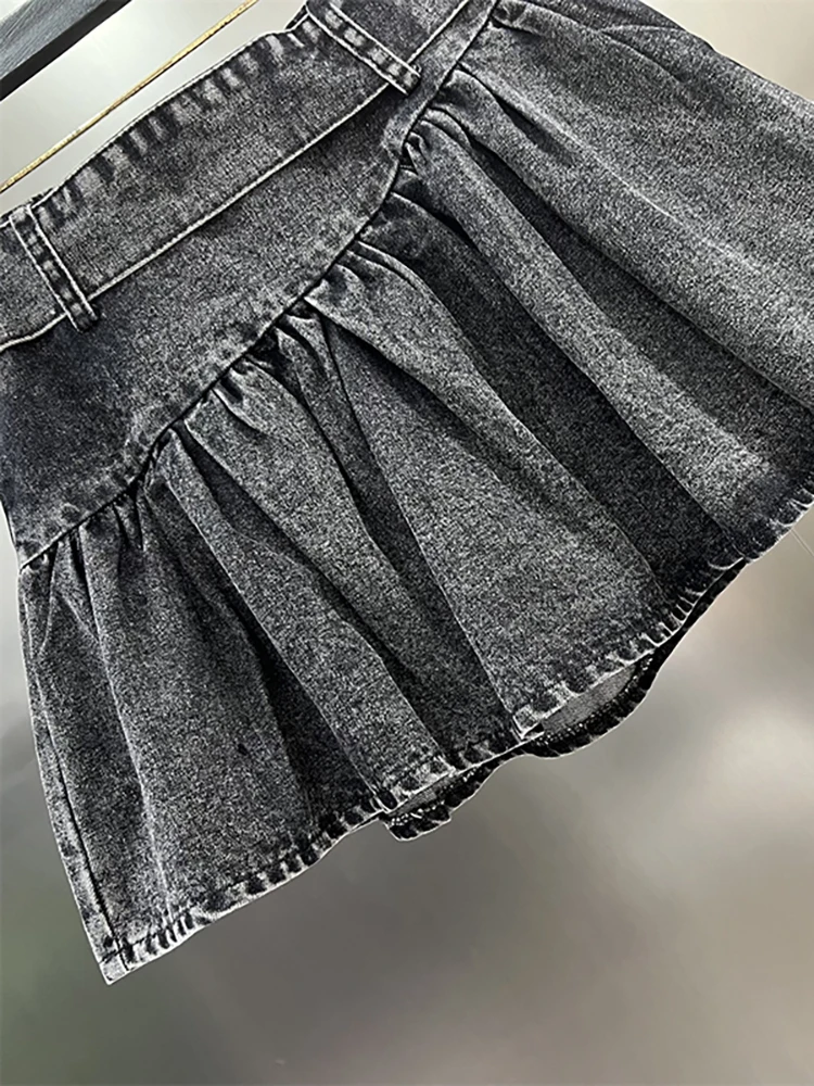 DEAT Women Denim Skirt High Waist Wide Belt Dark Grey Irregular Patchwork Short Ball Gown Skirts 2024 Autumn New Fashion 29L7762