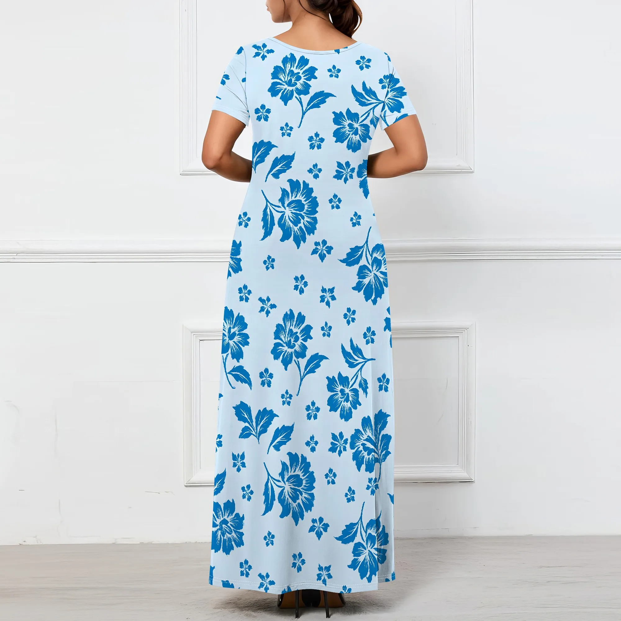 ชุดเดรสฤดูร้อนสตรี 2025 พัฟลําลองแขนสั้น V คอดอกไม้ Boho ฉัตร Ruffle Maxi Dress พร้อมกระเป๋า