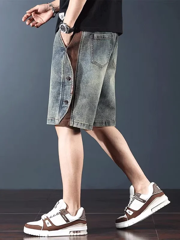 

Мужские джинсовые шорты в американском ретро-стиле, летние, новые, свободные, прямого кроя, из плотного денима, с пятиточечными нашивками, повседневные, дышащие, из полиэстера.