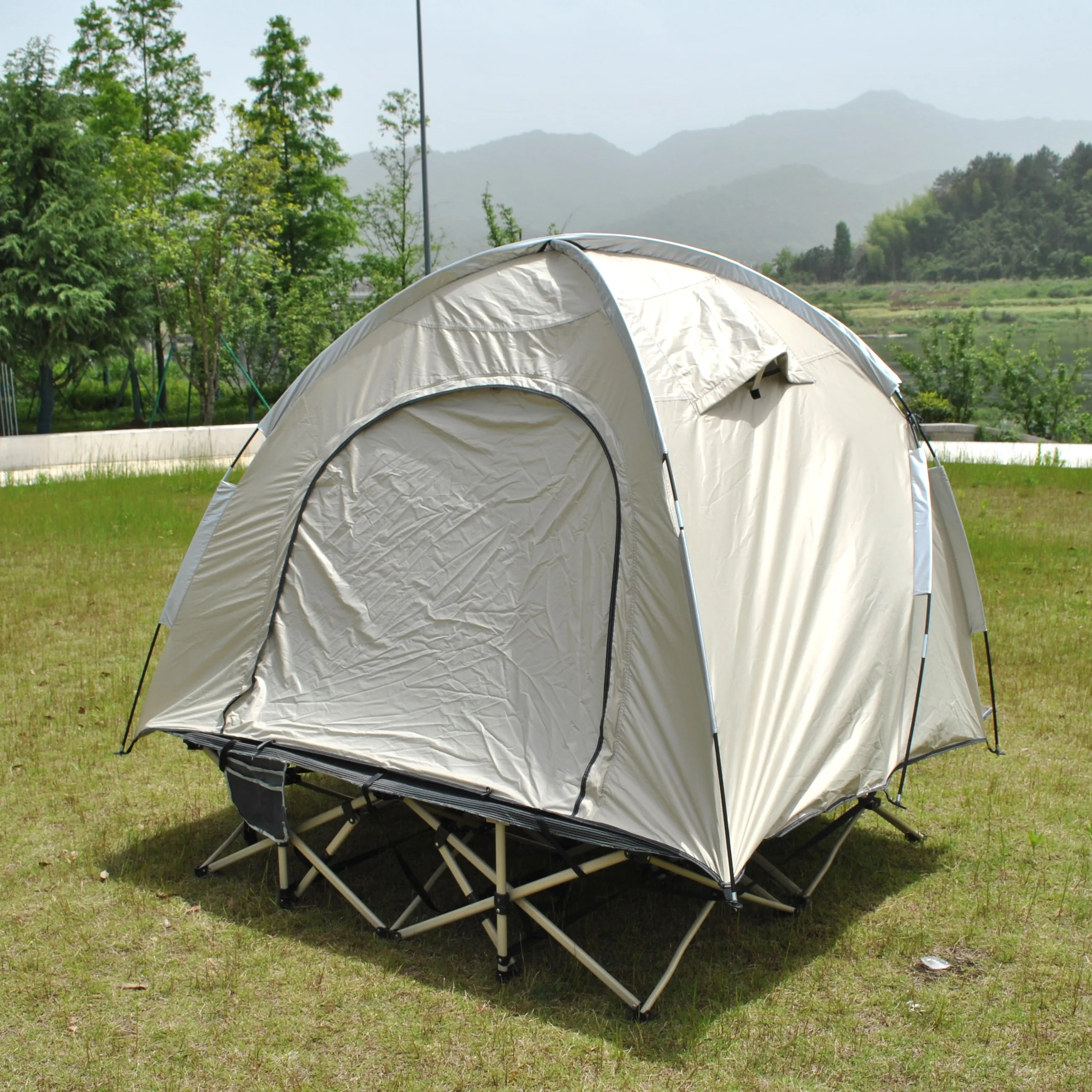 

Elevated Single Camping Tent Durable Build Simple Assembly Big Two Door Ventilation Great View Easy Clean excluding Bed