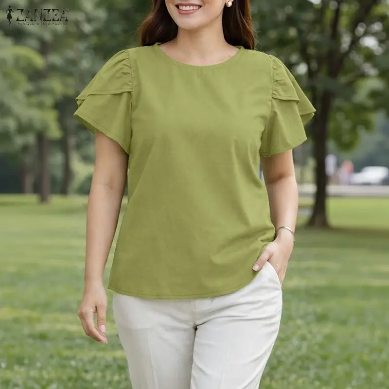 

Summer Woman Petal Sleeves Blouses Casual O-Neck Short Sleeve Solid Color Pullover Tops ZANZEA Elegant Fashion Blusas de Mujer