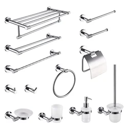 Chrome Plated Stainless Steel Wall Mounted Hand Towel Bar Toilet Paper Holder Bathrobe Hook Soap Dish Toilet Brush Bathroom Set