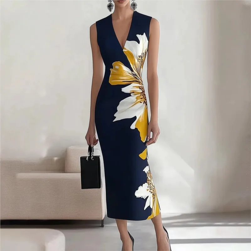 Bedrucktes Maxikleid für Damen, Vintage, ärmellos, Rundhalsausschnitt, hohe Taille, schmale Passform, 2025, neue weibliche, schicke Sommerferien-Strandkleider