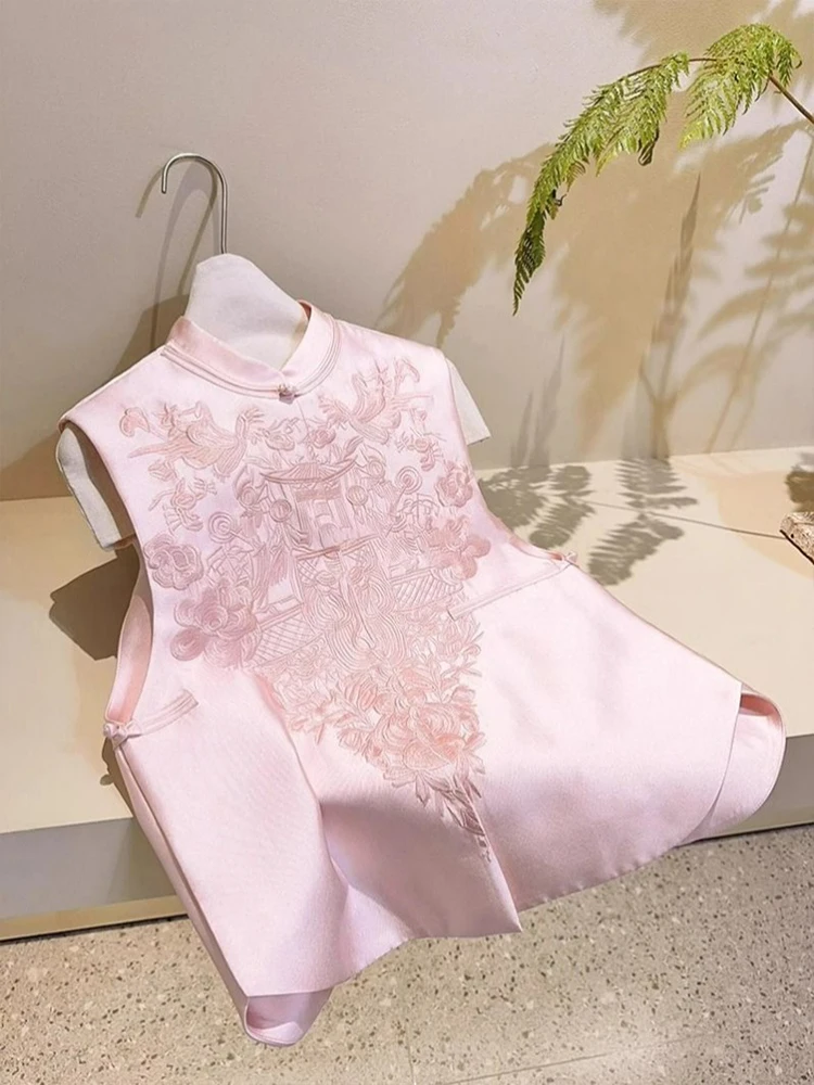 เสื้อกั๊กปักลายสีชมพูสำหรับผู้หญิง ฤดูใบไม้ผลิ 2025 สไตล์จีนใหม่ กระดุมแบบจีน คอตั้ง ทรงเข้ารูป