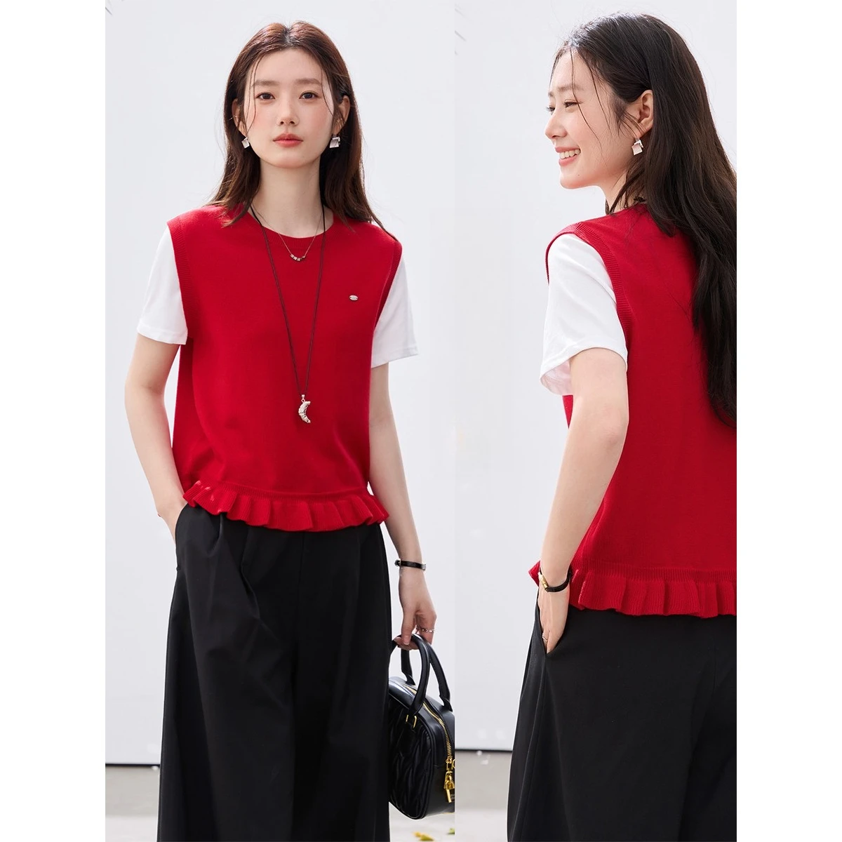 VIMLY Women's Faux Two-Piece Knit T-shirt 2026 Summer New Contrast Ruffle Hem DetachablePendant Detail Short Sleeve Top 30719