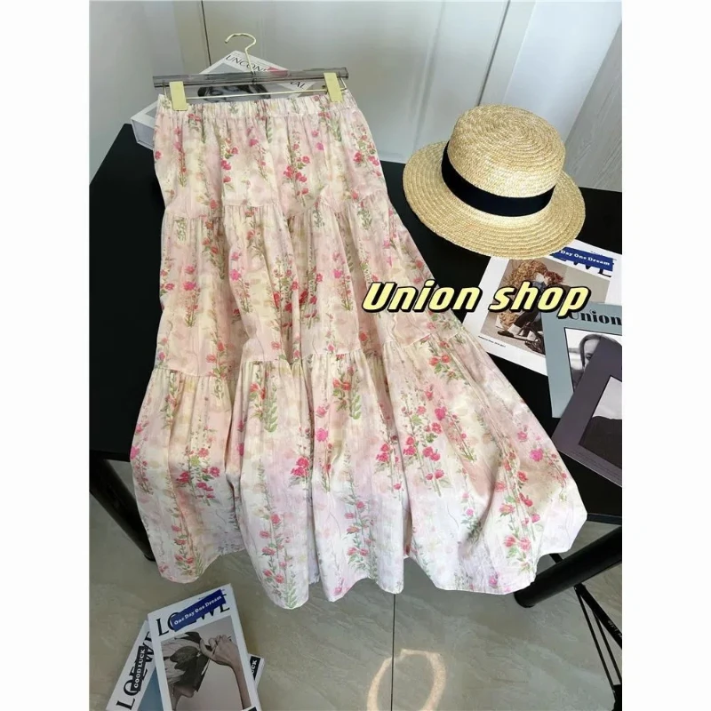 

Pink Floral Skirt Women's Spring and Summer High Waist Slim Resort Style A-Line Midi Skirt