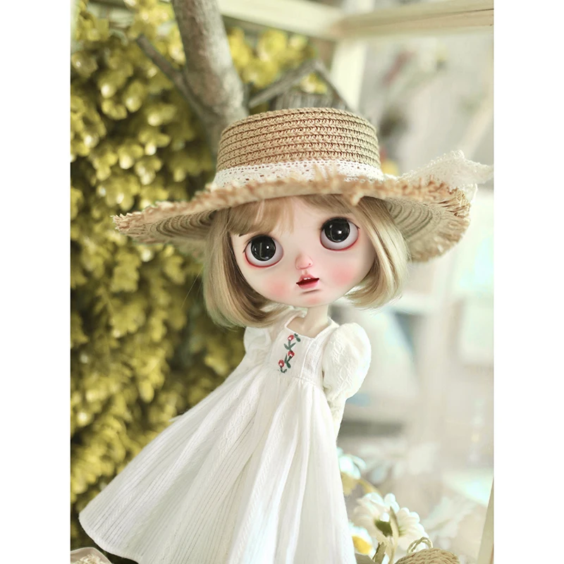 Handgemaakte blythe pop kleding zomer witte jurk sweet vierkante hals poff mouw lange jurk voor blyth licca ob24 pullip poppen geschenken