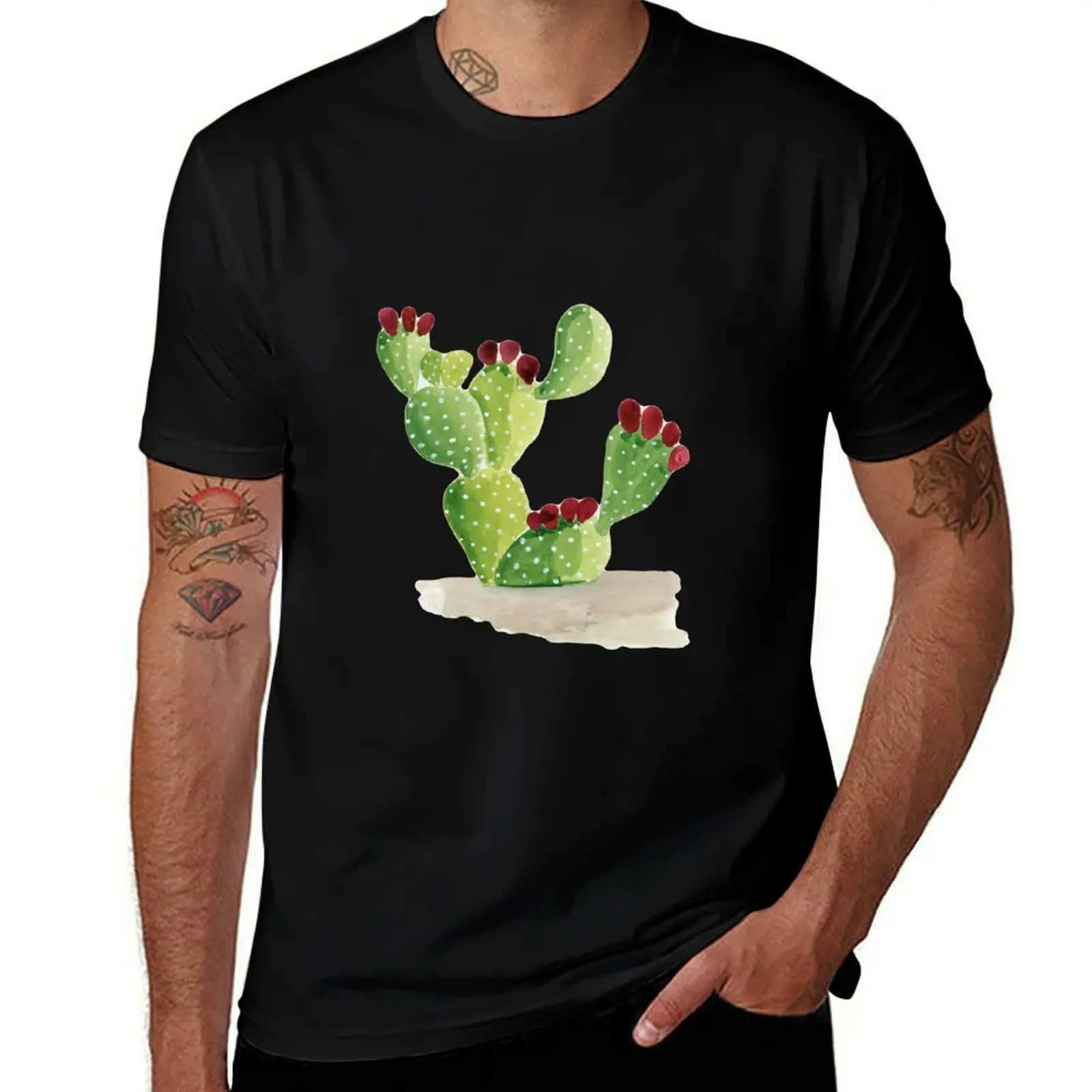 Prickly Pear Cactus Watercolor Illustration T-Shirt Basic Solid Color Short Sleeve Cotton Top