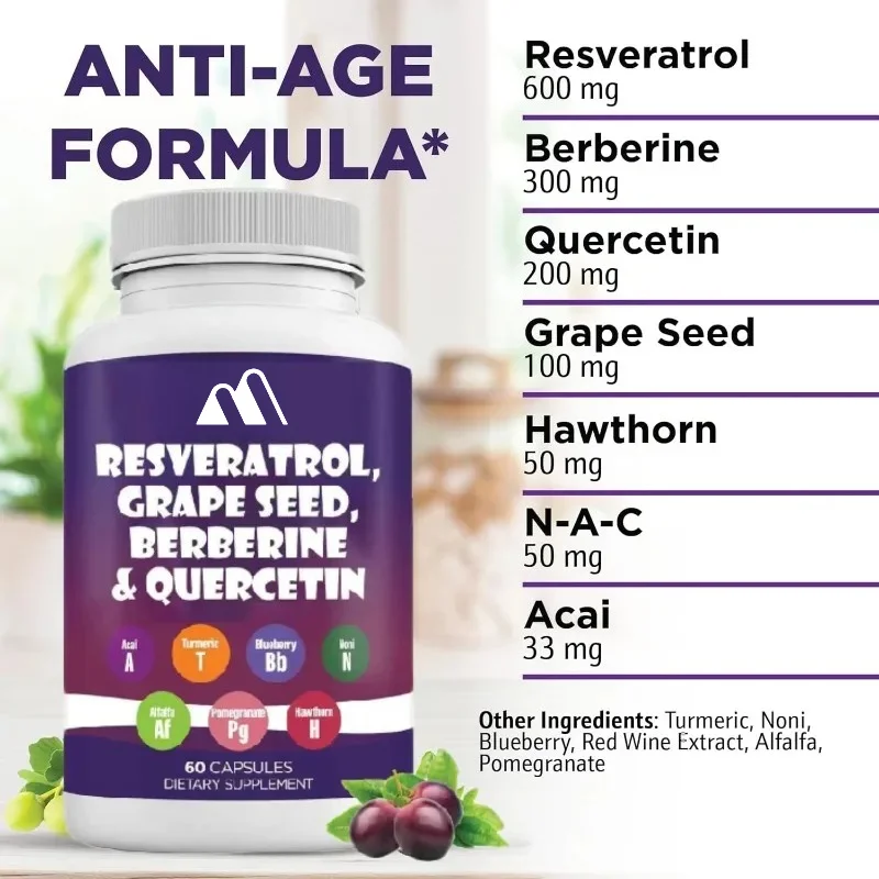 Resveratrol, Berberine, Grape Seed, Quercetin, N-acetylcysteine, Acai Berry Extract Polyphenols Supplement (60 Capsules)