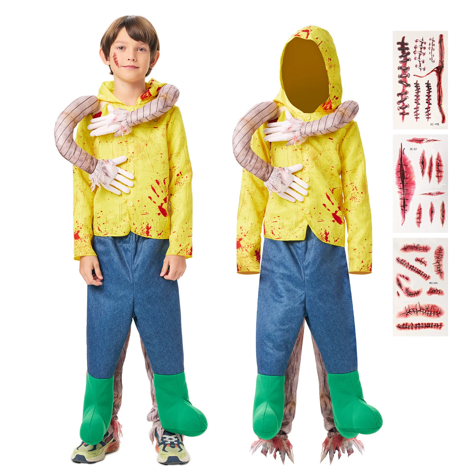 

Boys Girls Bloody Hug Costume Zombie Hooded Button Suit Fake Arms Legs Accessories Halloween Cosplay Outfits