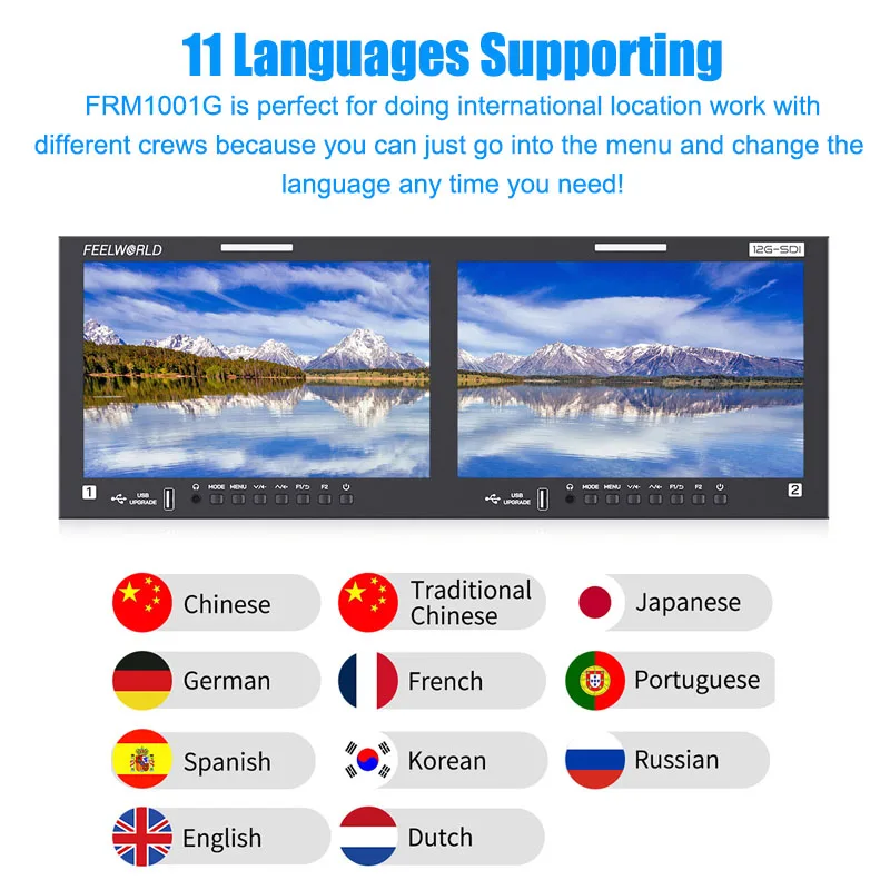FEELWORLD FRM1001G Dual 10.1" 12G-SDI 4RU Rackmount Monitor 4K HDMI 1920x1200 IPS Waveform 3D-LUT Remote Control Tally view 5