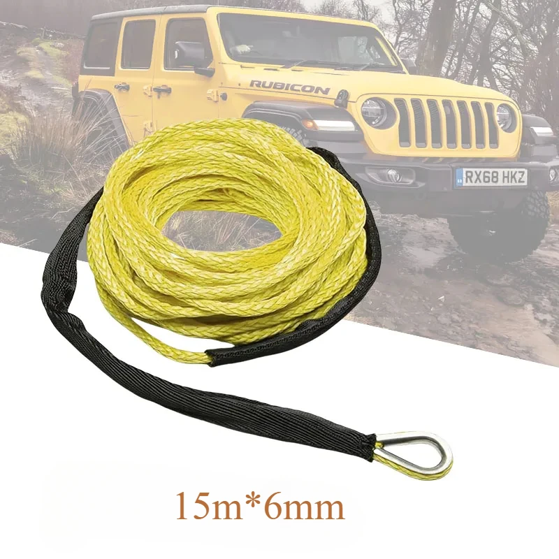 15mX6mm Trailer Belt 10000lbs Vehicle Winch Cable Synthetic SUV Recovery Replacement Towing Rope Outdoor Accessories Rope