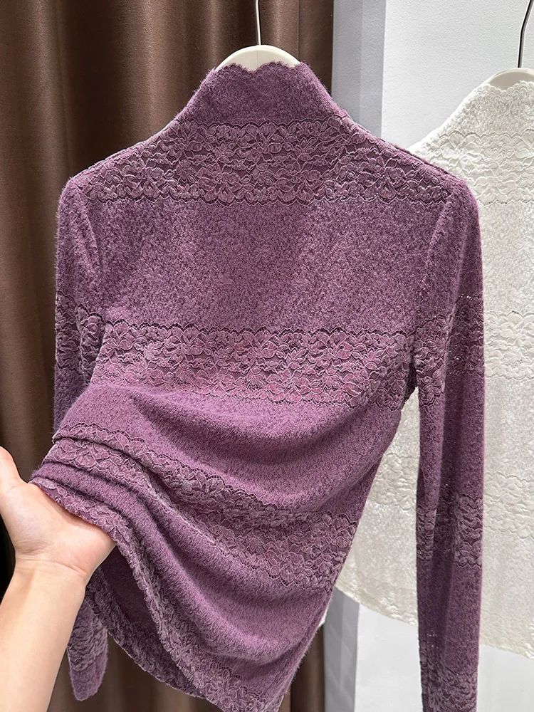 Qingdao dentelle f col haut Base irt automne hiver pull superposition intérieure creuse longue Sve haut femmes trajet Sle donc...