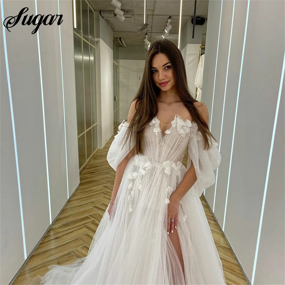 Wedding Dresses Fairy Sweetheart Neck Boho Bride Dresses 3D Flowers Puff Sleeve Elegant Wedding Gowns suknia ślubna Bridal Gown