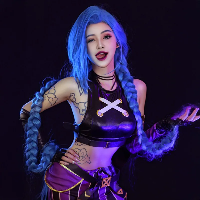 Double City Battle Runaway Girl Jinx شعر مستعار كوسبلاي LOL League قطعة واحدة 120 سم