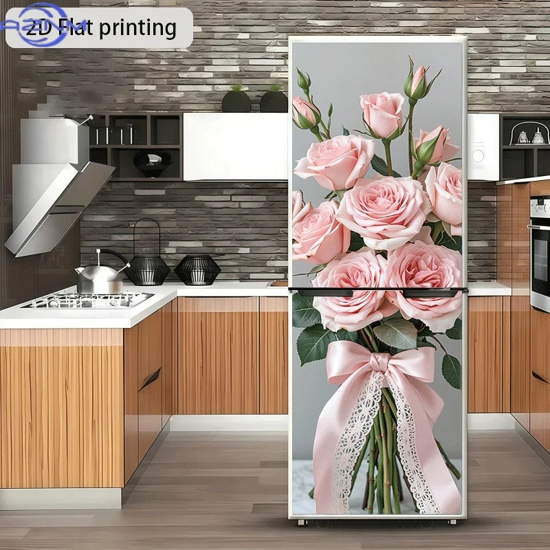 of  Printed Refrigerator Sticker, Measuring , Featuring a Design of Pink Roses And Lace Bows. This Self-Adhesive Wall Decorati