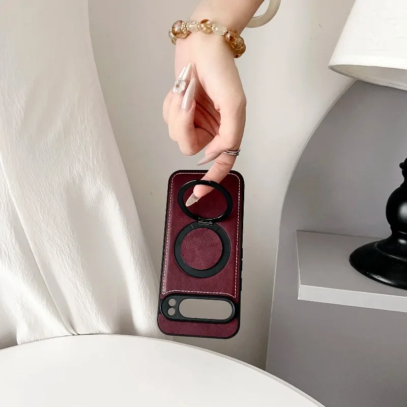 نسيج جلدي مغناطيسي 360 ° حافظة حامل دوارة لهاتف Google Pixel 10 9 8 Pro XL 9A 8A غطاء حماية للشحن اللاسلكي المقاوم للصدمات