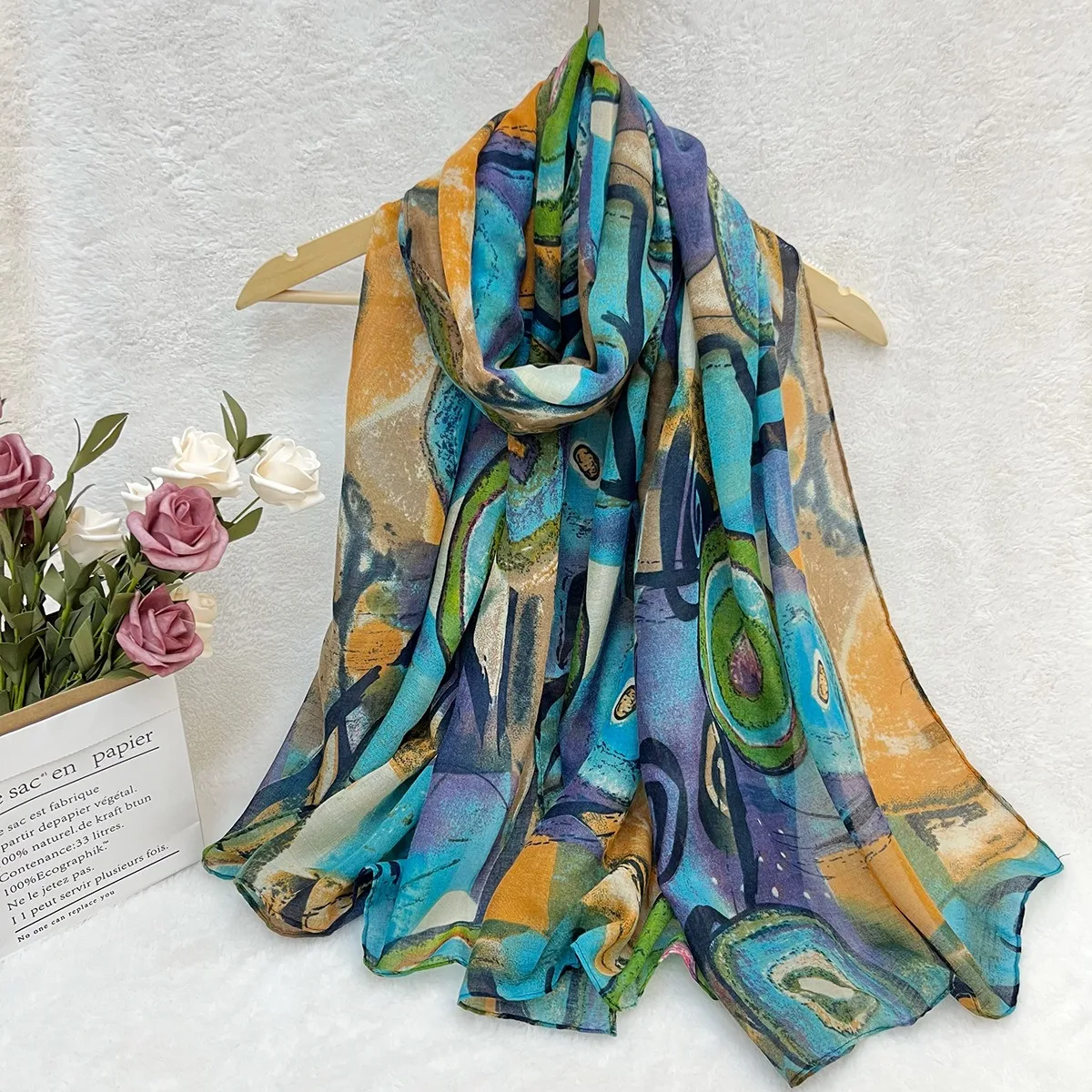 Women Bohemian Style Scarf Colorful Circle Printed Shawl Lightweight Breathable Sun Protection Windproof Wrap