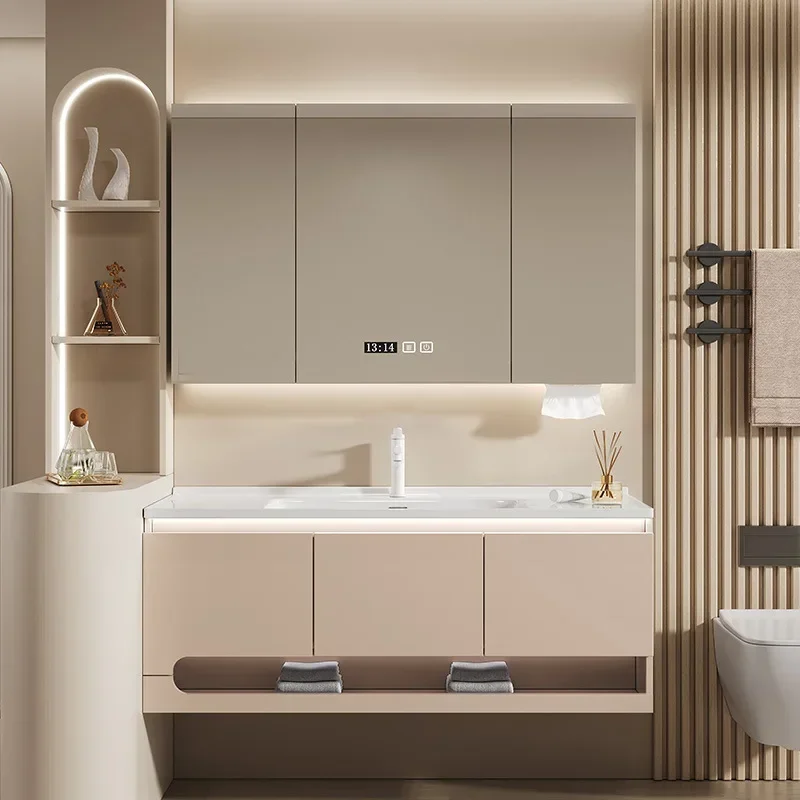 

Modern Bathroom Cabinets Vanity with LED Light Ceramic Integrated Sink Washbasin Storage Smart Mirror Cabinet Bathroom Furniture