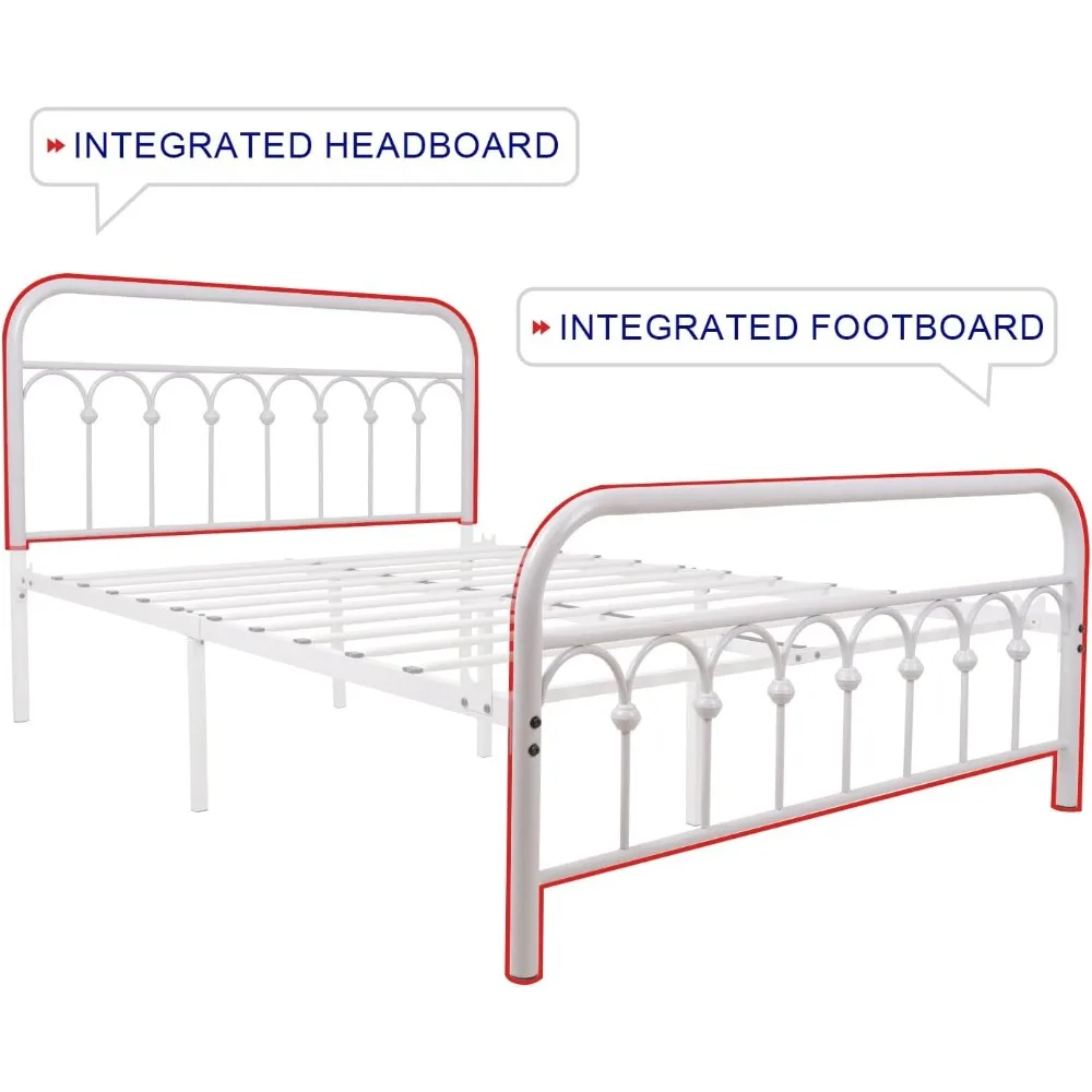 โครงเตียงเหล็กดัดสไตล์วินเทจขนาดเต็มพร้อมหัวเตียงและที่วางเท้า ฐานแบบแท่น สีขาว