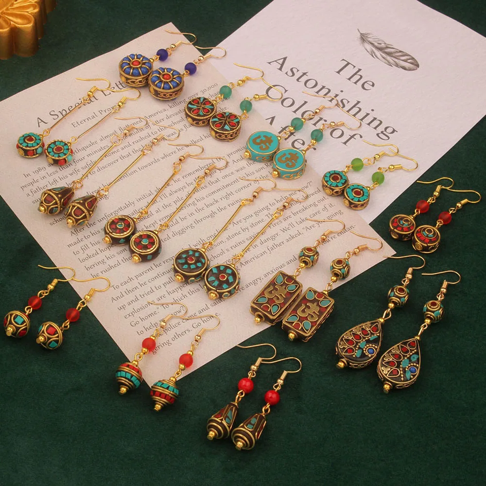 Boucles d'Oreilles Simples Faites à la Main, Bijoux Ethniques, Tibétains, Vintage, Reconditionnées