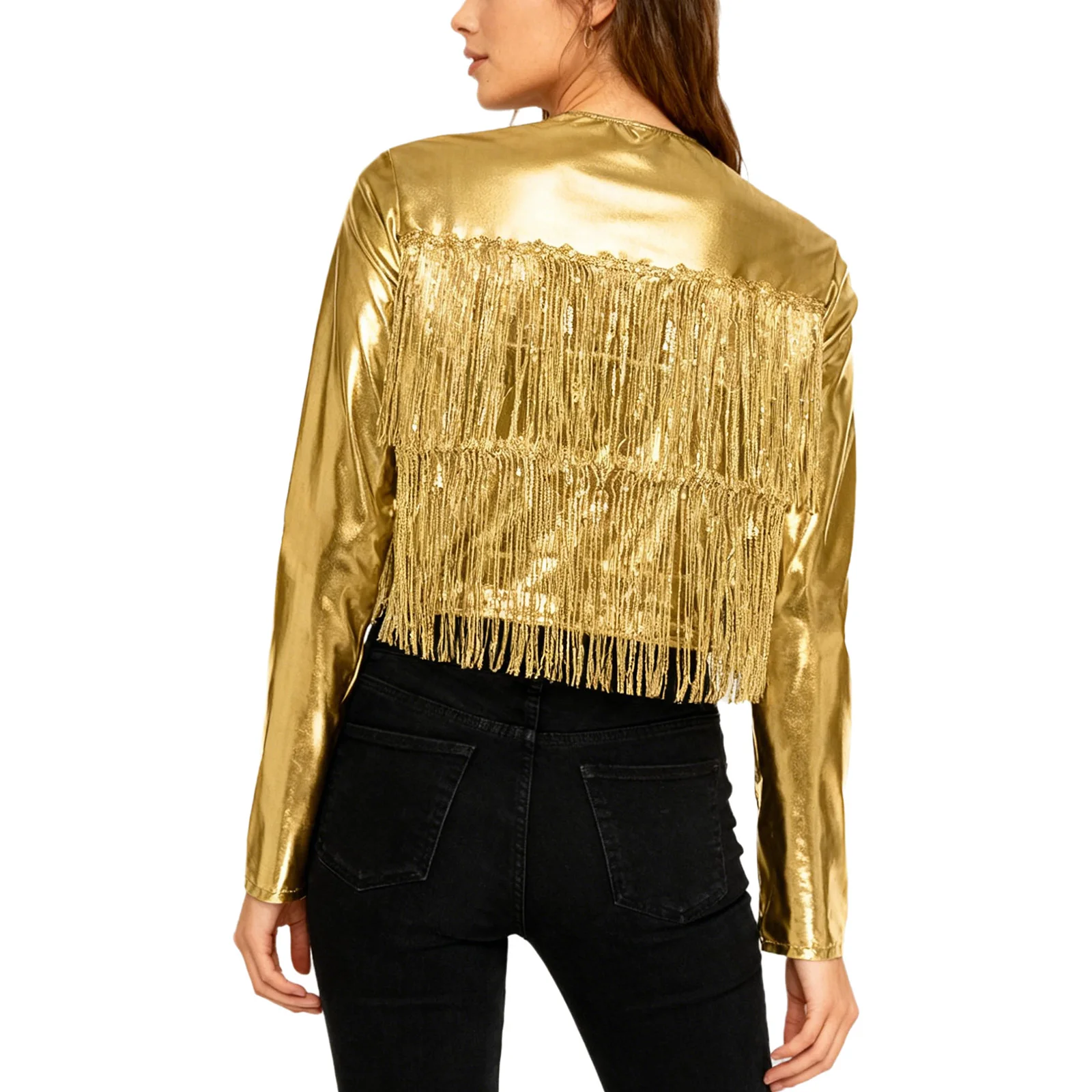 Women Metallic Shiny Fringe Jacket Jazz Dance Costume for Cowgirl Party Rock Tiered Sequin Tassel Long Sleeve Coat Disco Clothes