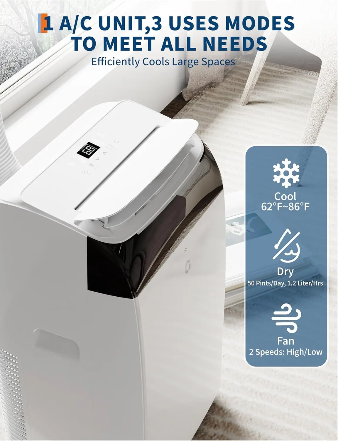 Kleine airconditioner van 12.000 BTU met ingebouwde luchtontvochtiger - Draagbare AC-unit voor kamers tot 550 m2 - Afstandsbediening, Windo