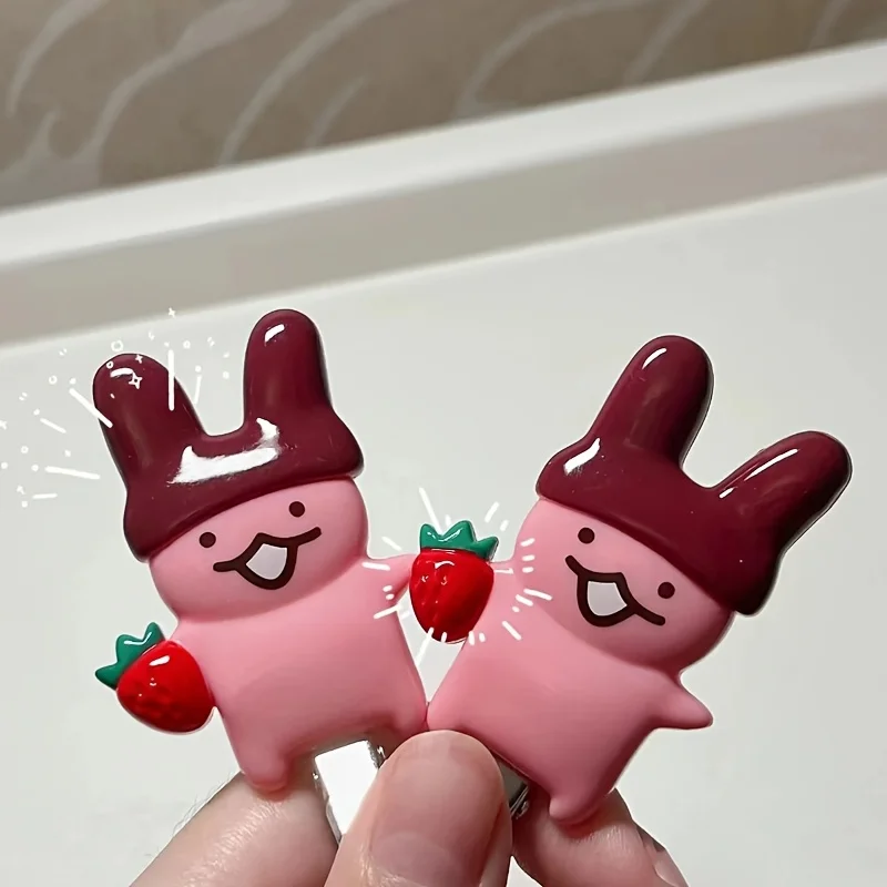2 Strawberry Chocolate Bunny Hair Clips - Cute Cartoon Bunny Design, Featuring Chocolate Droplets and Strawberry Patterns, Durable Plastic Hair Accessories, Suitable for Daily and Party Styles, Secure Fastening, Shiny Decorative Hair Clips