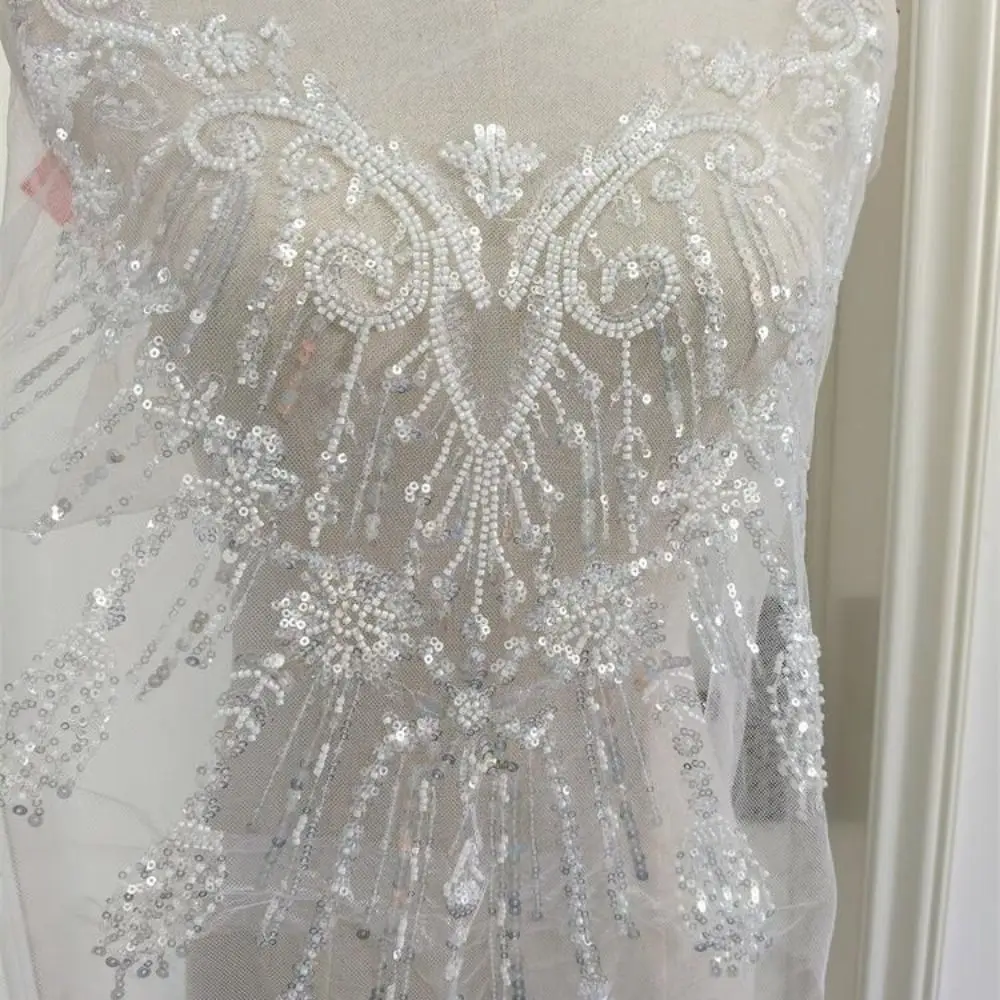 

European Style Floral Bead Embroidery Patches White 3D Flowers Beaded Sequins Lace Patch Silver Sequin French Lace