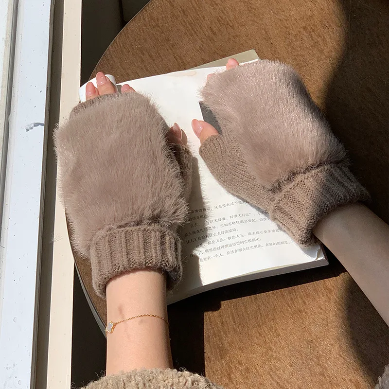 

Норковые флисовые мягкие зимние перчатки с половиной пальца, женские теплые роскошные однотонные белые плюшевые вязаные перчатки без пальцев, варежки на запястье для письма
