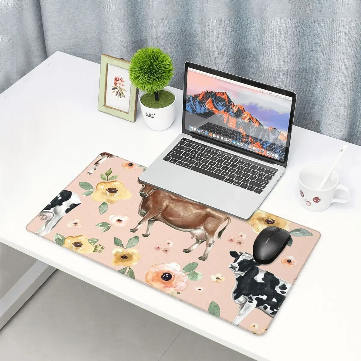 Large Mouse Pad Cow Floral On Blush Pink, Yellow Flowers Gamer PC Laptop Mats Keyboard Accessories Desk Mat