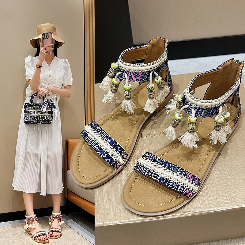 

2023 Women's Shoes Ethnic Style Sandals Summer New Roman Shoes Back Zipper Holiday Style Sandals