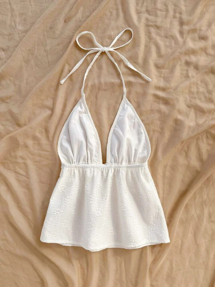 Women's White Jacquard Halter Cami Top, Tie Open Back Design & High Slit