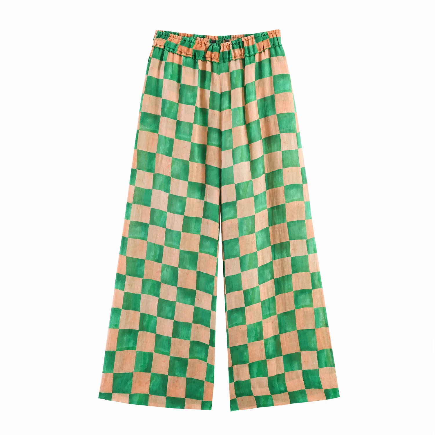 

Withered Versatile Commuting Style Mid Waist Ramie Checkered Wide Leg Pants Woman Clothes Women's Pants And Trousers