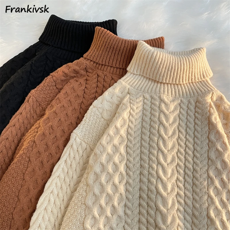 

3 Color Sweaters Women Winter Turtleneck Solid Twisted Baggy Warm American Retro Style Simple All-match Cozy Soft Daily