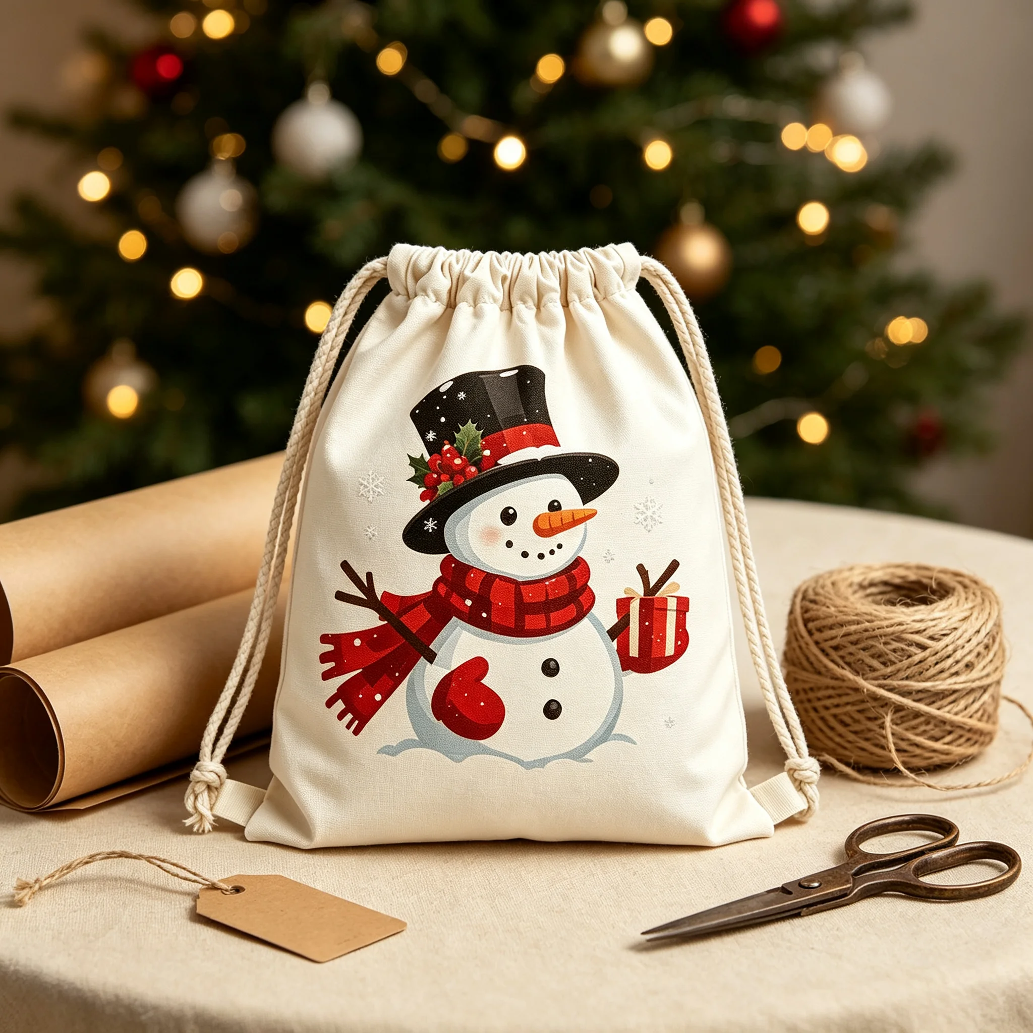 Cute Christmas Snowman Drawstring Gift Bag Winter Snowman Print Sack Holiday Treat Pouch Xmas Party Favor Storage Bag
