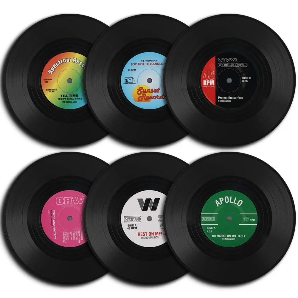 Set of 6 Colorful Retro Vinyl Record Disk Coasters for Drinks Vinyl Record Coaster Set Coffee Table Decor