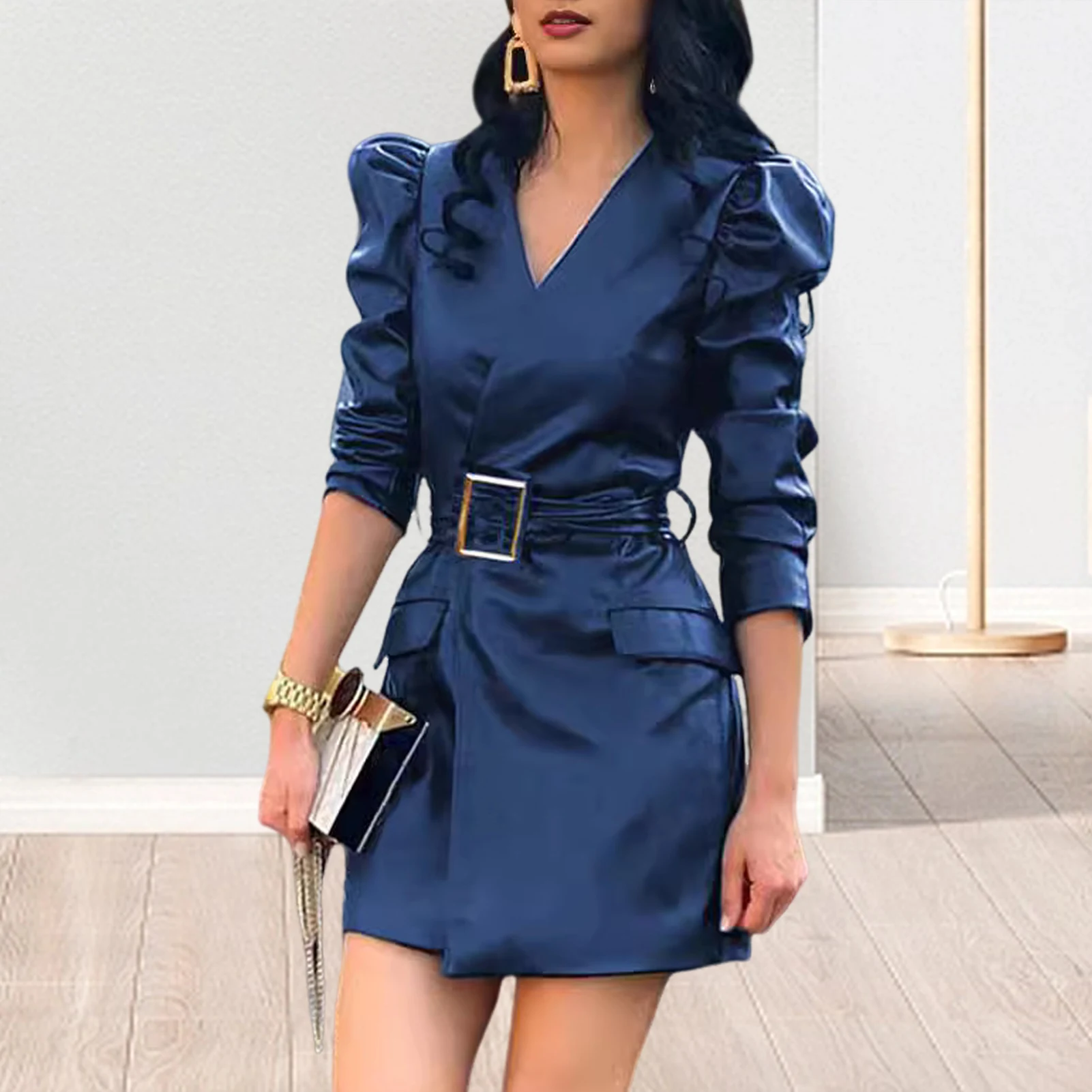 Fashion Dresses Women Lace Long Sleeve Zipper Pocket Large Hem Faux Leather Mini Dress Party elegant slim Sexy Women Dress