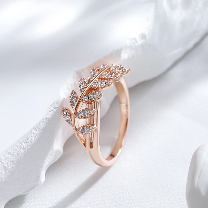 Kinel Hot Shiny Natural Zircon Leaf Ring for Women Trendy 585 Rose Gold Color Vintage Wedding Jewelry Daily Party Accessories