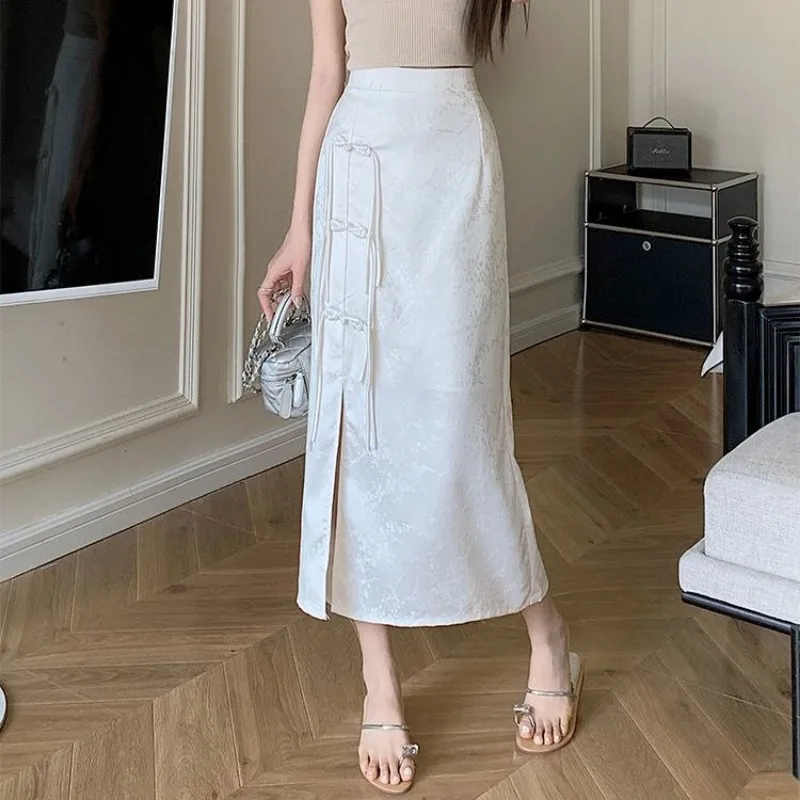 

Women Clothes Spring Autumn Fashion Elegant Chinese Style Printing Solid Color Skirt Ladies Indie Folk Split Fork High Waist Ski