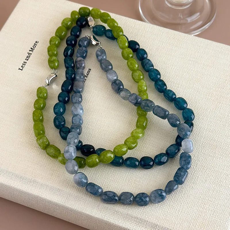 Colorful Irregular Natural Stone Beaded Necklace with Ingot Clasp Retro Chinese Style for Women Daily Office Commute