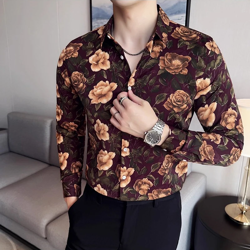 

Роскошные социальные мужские рубашки, модные облегающие мужские рубашки с длинным рукавом и цветочным принтом, азиатский размер, тонкие рубашки на пуговицах Camisas De Hombre