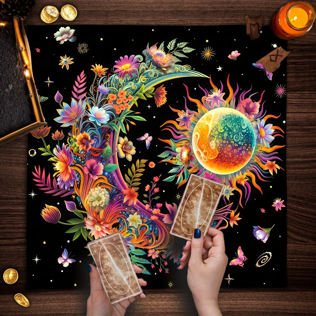 Enchanted Tarot Game Tablecloth, Floral & Butterfly Design for Party and Home Decor