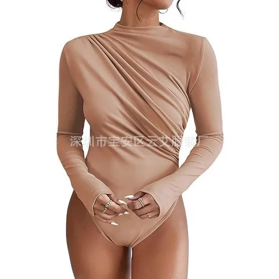 Hot Lingerie Jumpsuit Draped Front Romper Women's Body Lingerie Long Sleeve Bodysuit Minimalist Monochrome Solid Color view 2