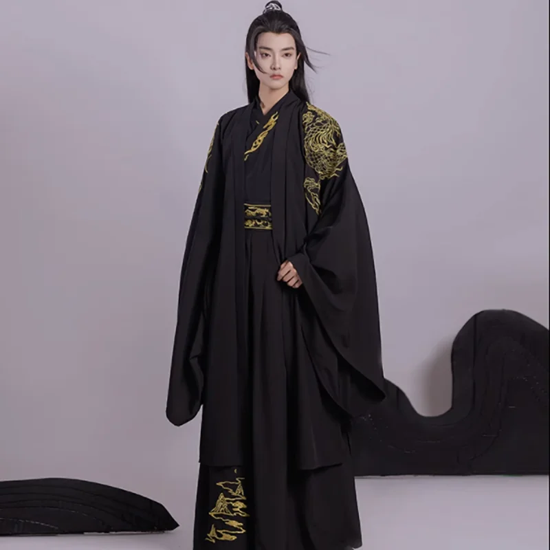 Hanfu kostum Cosplay tradisional Cina Pria, set Hanfu kuno kostum Cosplay Halloween pria hitam 3 potong ukuran Plus 2XL