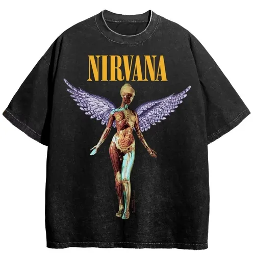 Imagen 1 del producto Camiseta con estampado gráfico de banda de Rock de Nirvana, camiseta Retro de algodón lavada en Utero Album, camiseta de gran tamaño Y2K Distress Harajuku para hombre y mujer