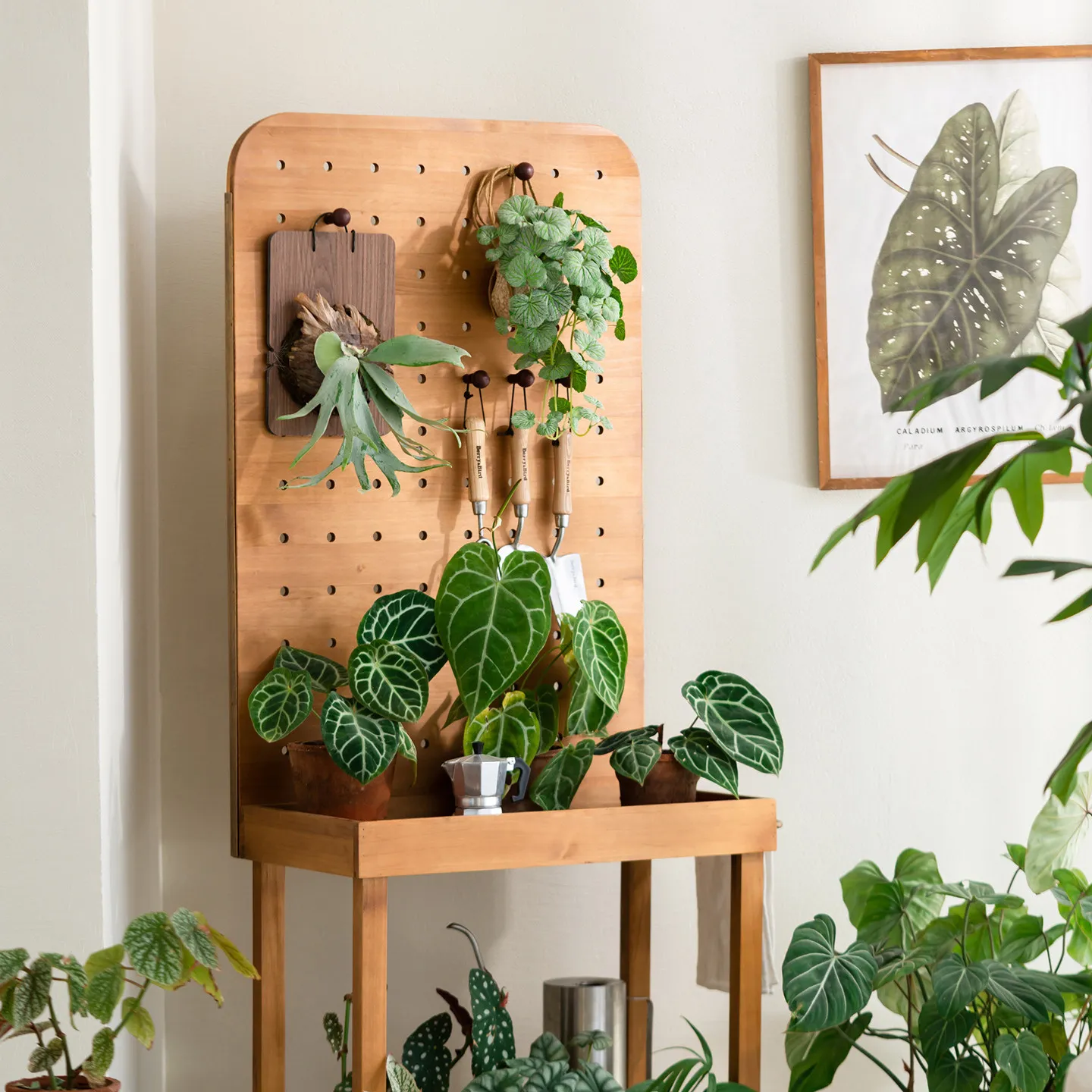 Solid wood green plant flower pot display stand against the wall floor shelf household balcony planting hole board movable cart