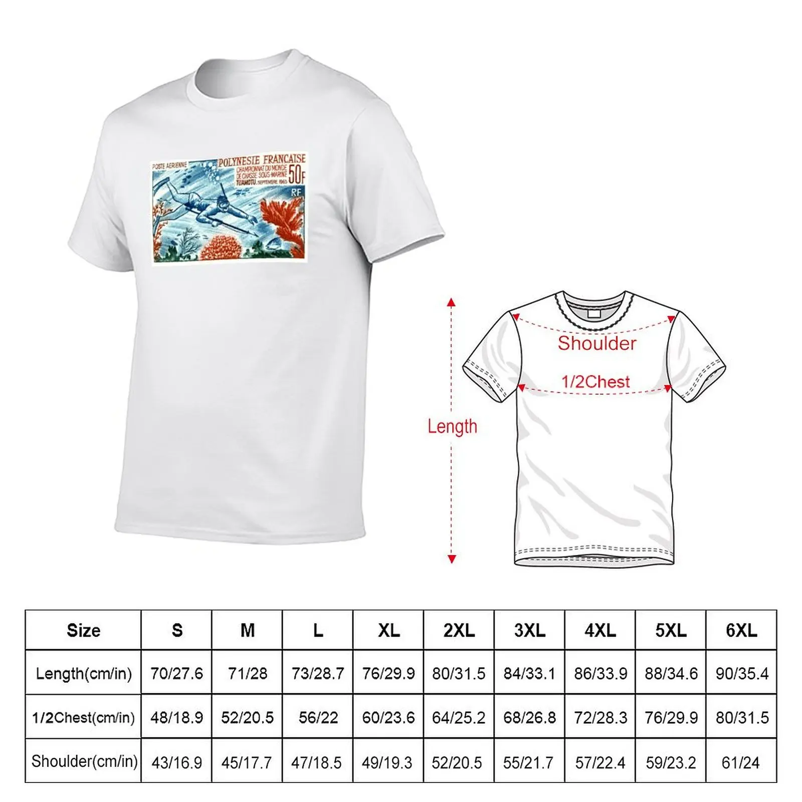1965 French Polynesia Spearfishing Postage Stamp T-Shirt Gym Wear Breathable Short Sleeve Tee