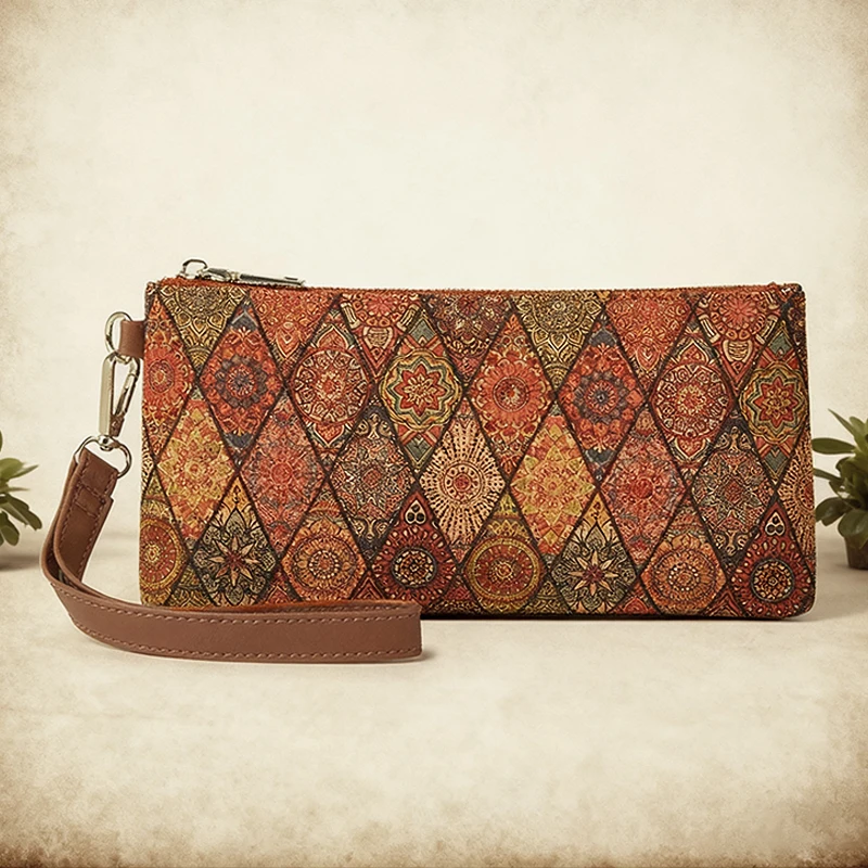 

Retro Long Wallets Women Cork Leather Flower National Print Large Capacity Coin Purse for Outings Everyday use Bohemian Style